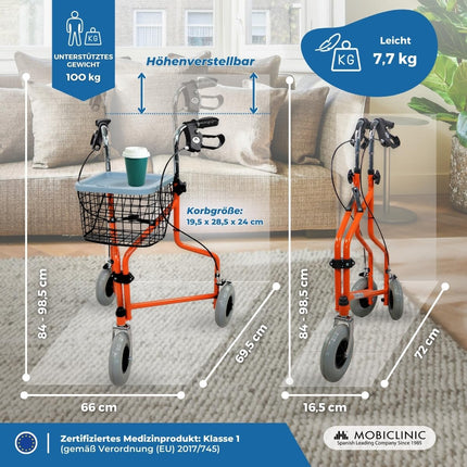 Mobiclinic, Caleta model, Rollator, Walker for seniors and disabled people, With 3 wheels, Foldable walking aid, Steel, Adjustable, Basket, Carrying bag, Brakes on the levers, Orange