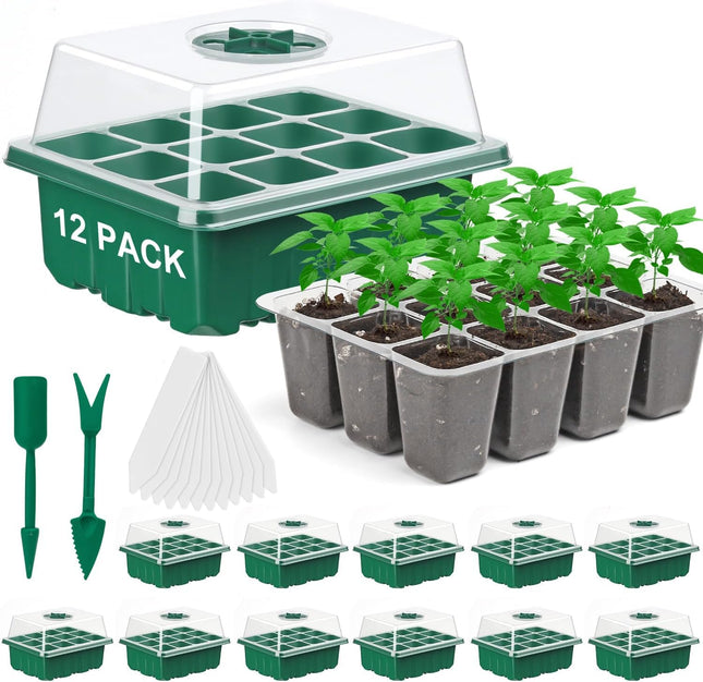 Feizeisun Growing Greenhouse 12 Pieces 144 Cells Indoor Greenhouse Grow Box Mini Greenhouse Grow Kit Greenhouse Grow Tray with Lid and Ventilation, 20 Labels, 2 Tools