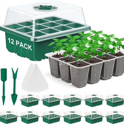 Feizeisun Seed Starter Trays, 12 Pack, 144 Cells, Seed Starter Trays, Plant Germination Kit with Transparent Lids/Adjustable Window for Greenhouse and Gardens, Green