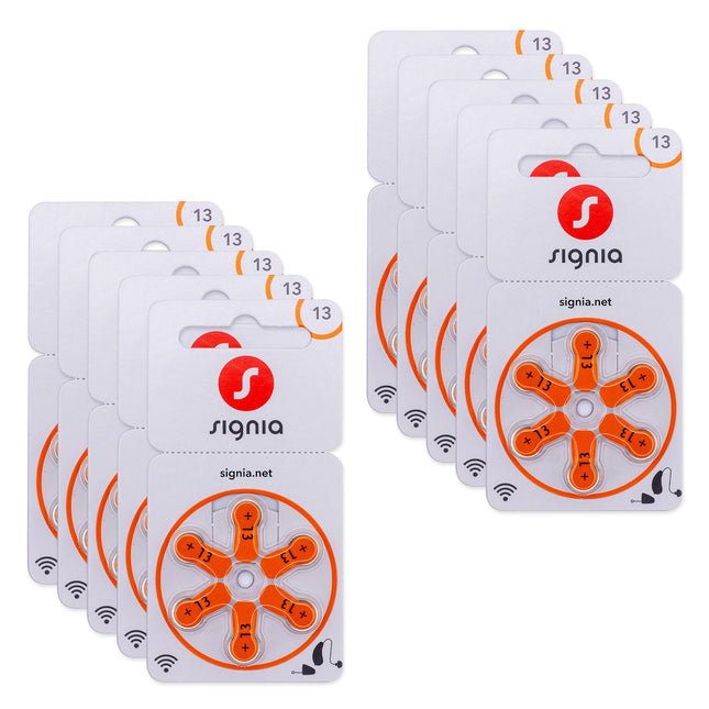 Siemens-Signia hearing aid batteries type 13 orange, batteries for hearing aids, 60-pack, Made in Germany, including FREE cleaning cloth, Wireless Approved, mercury-free