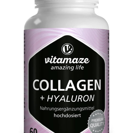 Collagen capsules high-dose + hyaluronic acid + chondroitin + lysine, 600 mg pure collagen hydrolysate per day, 60 capsules for 1 month, bioactive &amp; without additives, Made in Germany