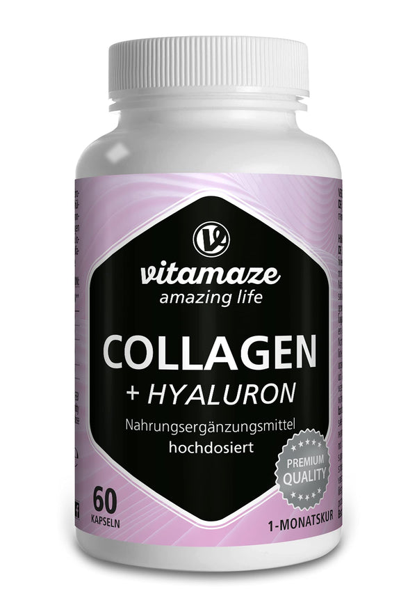 Collagen capsules high-dose + hyaluronic acid + chondroitin + lysine, 600 mg pure collagen hydrolysate per day, 60 capsules for 1 month, bioactive &amp; without additives, Made in Germany