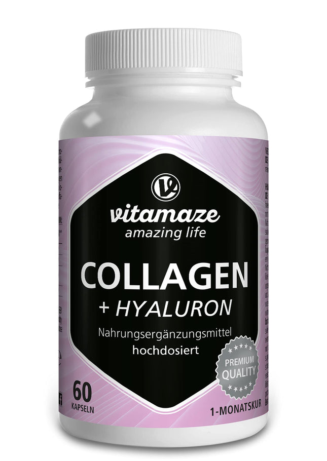 Collagen capsules high-dose + hyaluronic acid + chondroitin + lysine, 600 mg pure collagen hydrolysate per day, 60 capsules for 1 month, bioactive &amp; without additives, Made in Germany