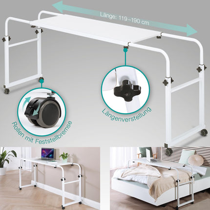ELONEO maxVitalis overbed table on castors, height-adjustable/width-adjustable, overbed table, mobile desk, nursing table, laptop table, bedside table, width 119-190 cm &amp; height 78-120 cm