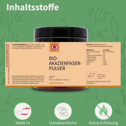 Quintessence Acacia Fiber Powder Organic 360g - Vegan, purely natural &amp; without additives, Acacia fiber with 80% fiber content, Highly soluble, Produced in Austria