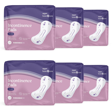 Amazon Basic Care Incontinence Pads Maxi, Unscented, 6 Packs of 8 (48 Pads)