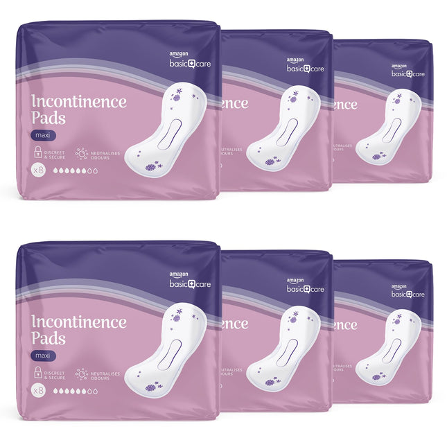 Amazon Basic Care Incontinence Pads Maxi, Unscented, 6 Packs of 8 (48 Pads)