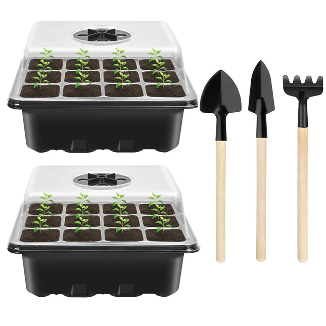2 pieces indoor greenhouse cultivation, mini greenhouse cultivation set, cultivation tray with lid, plastic cultivation trays with 3 small garden tools, 12 holes, ideal for seed germination and plant growth
