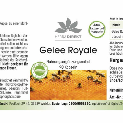 Royal Jelly Extract 500mg - 90 Capsules, 4-fold concentrated from 2000mg Royal Jelly - High Dosage | HERBADIREKT by Warnke Vitalstoffe - German Pharmacy Quality