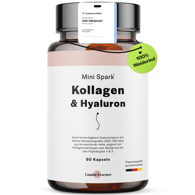 Mini Spark Collagen Hyaluronic Acid Complex | 90 Capsules | 900g bioactive collagen with 220g hyaluronic acid per daily dose | Laboratory tested and processed in Germany