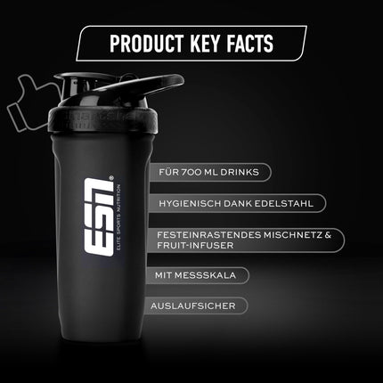 ESN Shaker Reforce Stainless Steel, black, 700 ml, leak-proof, measurements engraved inside, free from BPA &amp; DEHP