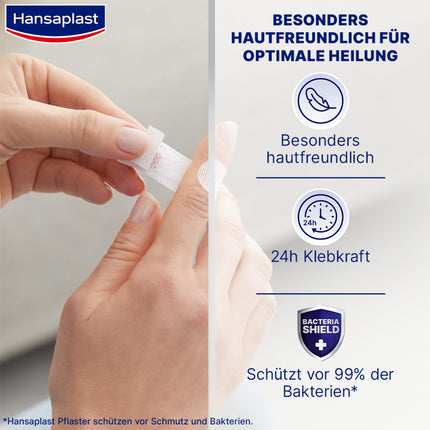 Hansaplast Sensitive Plasters (20 Strips), skin-friendly and hypoallergenic wound plasters with Bacteria Shield &amp; secure adhesive strength, painless removal plasters