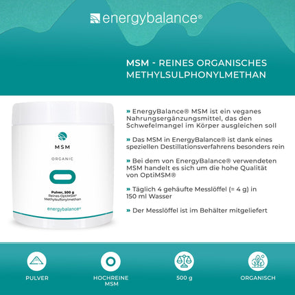 EnergyBalance OptiMSM - 100% pure powder, high dosage, natural, methylsulfonylmethane - no sugar, no additives - Swiss quality - 500 g