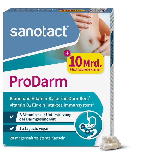 sanotact ProDarm (20 capsules) • 10 billion lactic acid cultures + 3 bacterial strains for intestinal cleansing • Bacterial cultures as a bowel cleansing treatment • With vitamins B6, B2 + biotin • Probiotic intestinal treatment