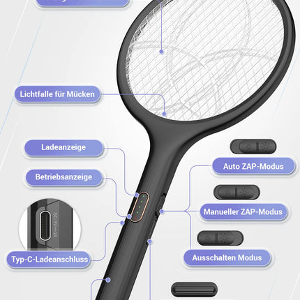 YISSVIC Electric Fly Swatter Extra Strong 4000V 2 in 1 USB C with Rechargeable Battery Electric Mosquito Swatter with UV Light Trap Black