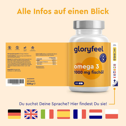 Omega 3 400 Capsules (+1 year) - 1,000 mg fish oil per capsule - Essential Omega 3 fatty acids with EPA &amp; DHA - Sustainable fishing, laboratory-tested, made in Germany without additives