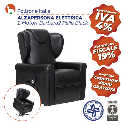 Sime LV-P2 ADJUSTABLE electric recliner chair, vertical, 2 motors, independently adjustable backrest, footrest 2 wheels, seat height 10 cm adjustable, leather, electric stand-up aid, black