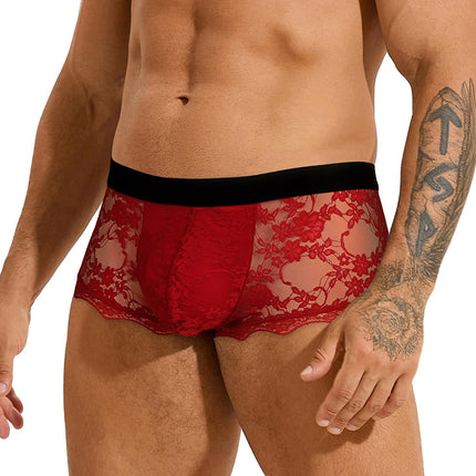 ohyeahlady Sissy Lingerie Men's Sexy Boxer Shorts Lace Erotic Underwear Men's Lingerie Large Size Underpants Open Briefs Mesh Underwear with Bulge Transparent Briefs Clubwear Red L