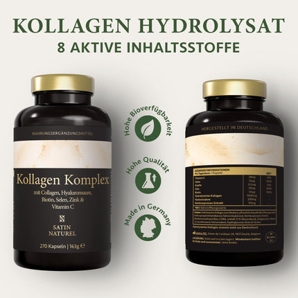 Satin Naturel Hyaluron Collagen Complex - 270 high-dose capsules - Enriched with biotin, selenium, zinc, vitamin C, and bamboo extract for skin, hair, and nails - Made in Germany