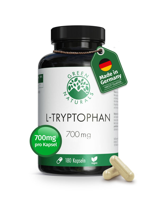 L-Tryptophan - High Dose: 700 mg per Capsule - 6-Month Supply (180 Capsules) - Vegan &amp; No Additives - Pharmacy Quality - Green Naturals®