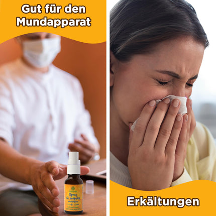Organic Propolis Spray - 20 ml. Contributes to the well-being of the mouth and throat. Contains propolis, honey, rosemary, eucalyptus, and lemon.
