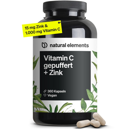 Vitamin C - 360 Capsules - High dosage with 1000mg + 15mg zinc - Plant-fermented &amp; buffered (pH-neutral, acid-free, gentle on the stomach) - Laboratory-tested, vegan, and produced in Germany