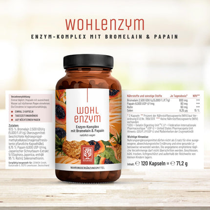 Wohlenzym Enzyme Complex with 800mg Bromelain (5000 FIP), Papain, Rutin - Pineapple &amp; Papaya Enzyme vegan - Immune System* Support - Gastro-resistant Capsules from NATURTREU®