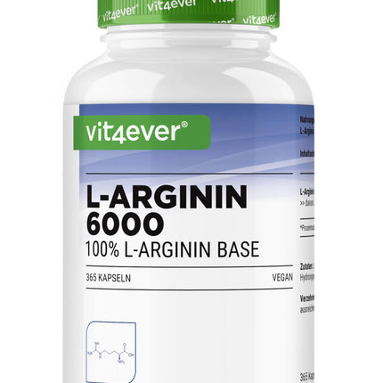L-Arginine - 365 Capsules - 6000 mg pure L-Arginine per daily dose - Produced by plant fermentation - High dosage - No additives - Vegan