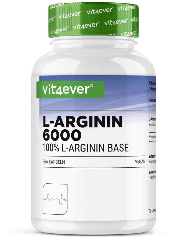 L-Arginine - 365 Capsules - 6000 mg pure L-Arginine per daily dose - Produced by plant fermentation - High dosage - No additives - Vegan