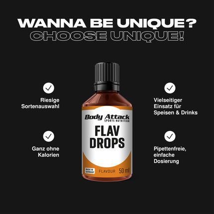 Body Attack Flav Drops - Vanilla - 50 ml - Vegan flavor drops - for sweetening porridge, muesli, etc. - Highly concentrated flavors, pure enjoyment - Aspartame-free, sugar-free, and fat-free, 0 calories