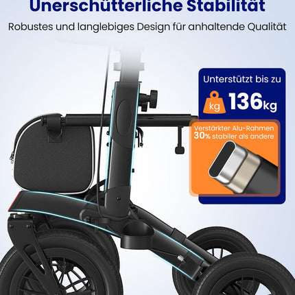 VOCIC Rollator Foldable and Lightweight with Seat, Outdoor Rollator with Rubber Non-Pneumatic Tires for All Terrain, Aluminum Height-Adjustable Rollators for Outdoors &amp; Cross-Country Skiing &amp; Travel, Black (5-Year Warranty)