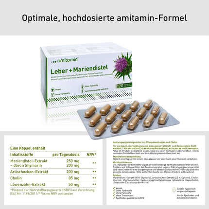 amitamin Liver + Milk Thistle Complex | High-dose capsules | Artichoke, dandelion plus choline for metabolism | 120 capsules - 4 months | Silymarin content 80% | Made in Germany | Vegan