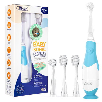 Seago Electric Toothbrush for Children and Baby Toothbrushes from 0, 1, 2, 3 Years, with LED Light, Round Soft Replacement Brushes, Electric Toothbrush for Baby, 2 Minute Smart Timer, Waterproof IPX7, SG513 (Blue)