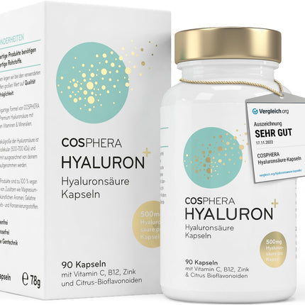 Hyaluronic acid capsules with a high dosage of 500 mg per capsule - 90 vegan hyaluronic capsules in a 3-month supply - 500-700 kDa I Enriched with zinc to contribute to the maintenance of normal skin and bones.