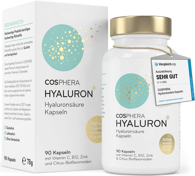 Hyaluronic acid capsules with a high dosage of 500 mg per capsule - 90 vegan hyaluronic capsules in a 3-month supply - 500-700 kDa I Enriched with zinc to contribute to the maintenance of normal skin and bones.