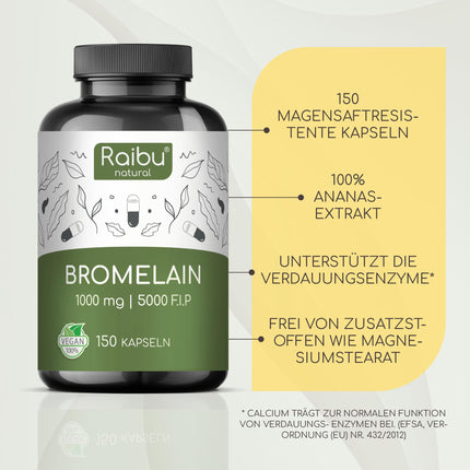 Bromelain High Dose Capsules I 1000 mg per day I 150 gastro-resistant capsules I Natural pineapple extract I Produced and laboratory-tested in Germany
