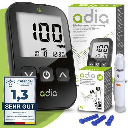 adia blood glucose meter (mg) with 60 blood glucose test strips, 10 lancets, 1 lancing device, 1 case, value set for blood glucose self-monitoring in diabetes