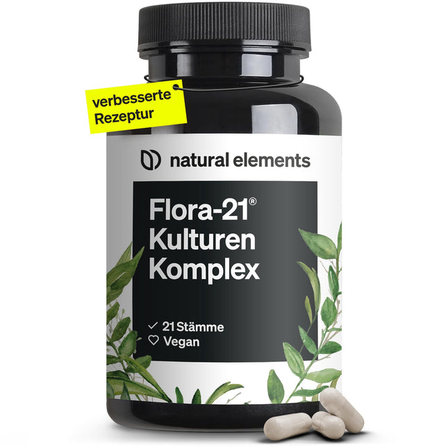 Flora 21® Cultures Complex – 21 bacterial strains + organic inulin – 180 gastro-resistant capsules – Laboratory-tested, vegan, high-dose, and produced in Germany