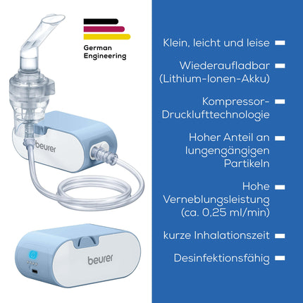 Beurer IH 60 Inhaler, quiet and portable inhaler with rechargeable battery, inhalation device for use in cases of colds, asthma and other respiratory diseases, blue