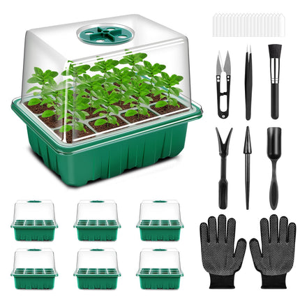 Verdenu Indoor Greenhouse Propagator, 6 Pieces Raised Mini Greenhouse Propagation Set 7 Garden Tool Set Propagation Tray with Lid and Ventilation for Seedling Plant