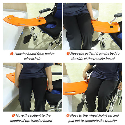 Transfer board, patient pusher for transfer, patient pusher up to 150 kg for transferring patients or handicaps from the wheelchair to the bed, to the toilet, to the bathtub