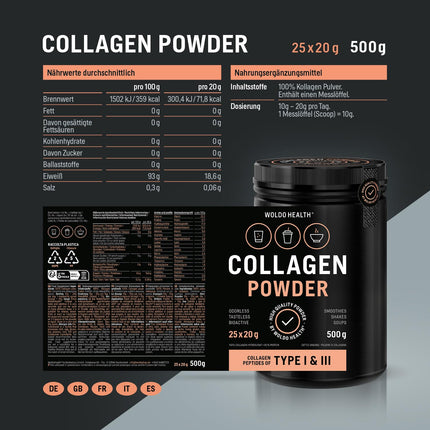 Collagen Powder Grass-Fed Type 1 &amp; 3, Tasteless - 500g Bioactive Tasteless Collagen