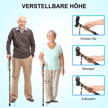 supregear Foldable Walking Stick - Folding Walking Stick, Height-Adjustable Walking Stick, Flexible Lightweight Travel Stick, Collapsible Walking Aid for Balance, for Men and Women, Black Flowers