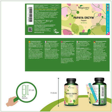 Papaya Enzyme Vegavero® | High dosage: 2,100 mg pure papain per daily dose | High enzyme activity: 100,000 units/g | Naturally from the fruit | 120 capsules | Vegan &amp; no additives