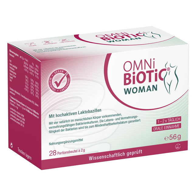 OMNi BiOTiC WOMAN, 28 servings, 4 bacterial strains, 10 billion germs per daily dose, Powder, Vegan, Gluten-free, Lactose-free, For daily use, Simply drink