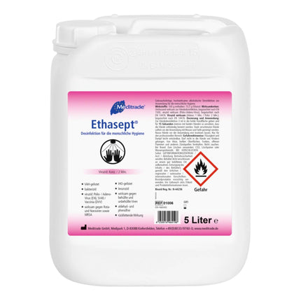 Meditrade Ethasept Disinfectant 5 Liters for Hands, Surfaces and Skin Hygiene, Rapid Disinfection, Ethanol 73.5%, Recommended by the RKI