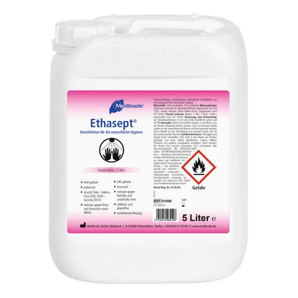 Meditrade Ethasept Disinfectant 5 Liters for Hands, Surfaces and Skin Hygiene, Rapid Disinfection, Ethanol 73.5%, Recommended by the RKI