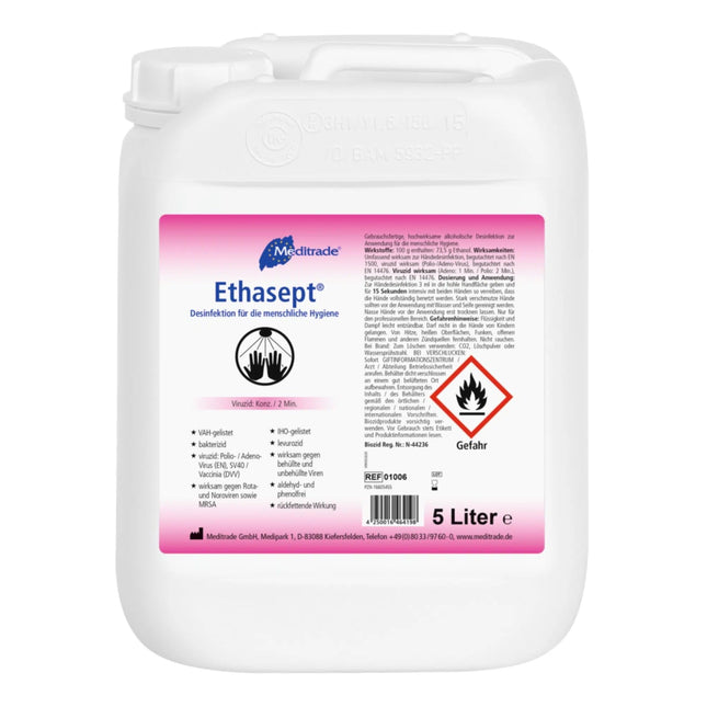 Meditrade Ethasept Disinfectant 5 Liters for Hands, Surfaces and Skin Hygiene, Rapid Disinfection, Ethanol 73.5%, Recommended by the RKI