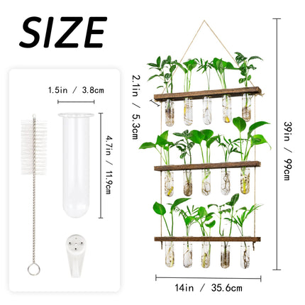 Grovind 3 Tiers Large Flower Vases Wall Hanging Plant Vase with Wooden Stand, Glass Planter Test Tube for Hydroponic Plants Home Office Patio Decor