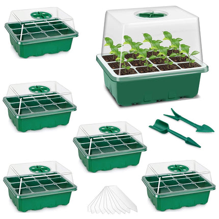 PNOOFR 5 Pack Indoor Greenhouse Propagator, Mini Greenhouse Propagation Set, Lid Indoor Greenhouse Propagation Set, Propagation Tray with Ventilation, for Seedling Plant, Including Tools (Green)